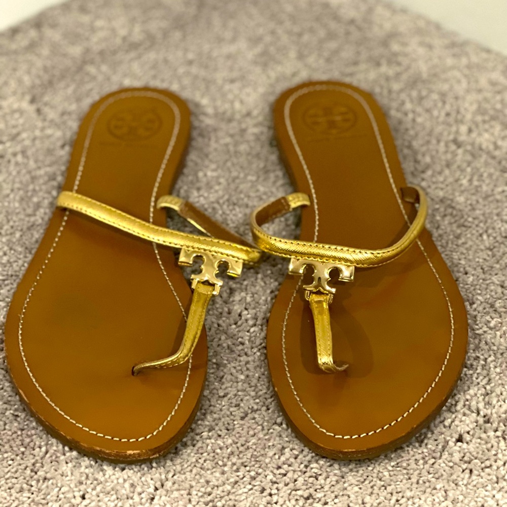 Tory Burch gold leather thong sandals